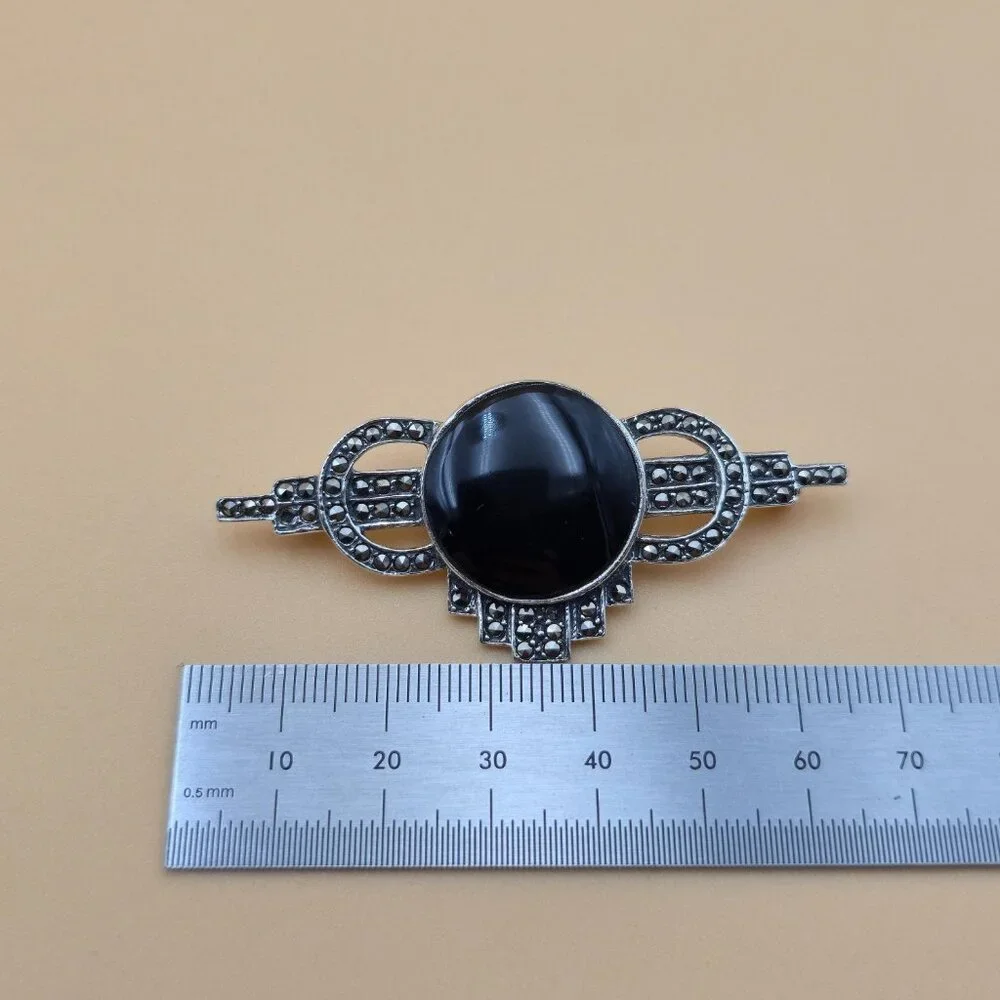 Sterling Silver Black Onyx And Marcasite Stones Pin Brooch B780 - Picture 7 of 8